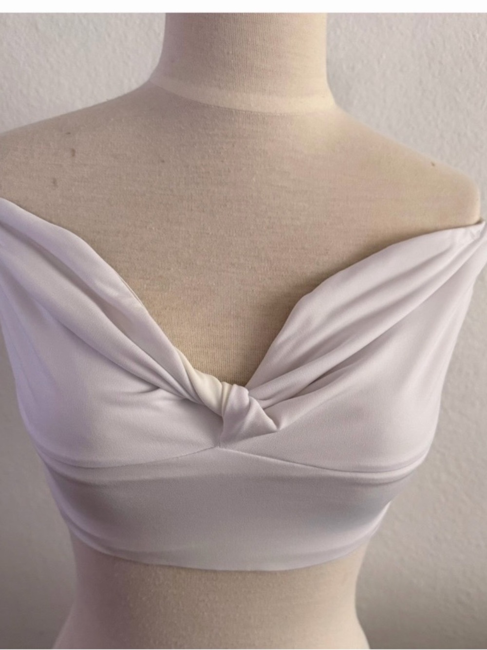 NBD Off-Shoulder Twist Front White Crop Top